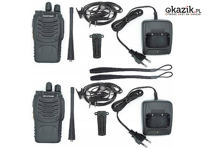 Zestaw walkie-talkie, 2 krótkofalówki oraz wszystkie potrzebne akcesoria niezbędne do ich użytkowania