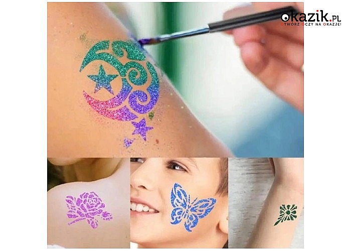 Rozwijaj kreatywność i daj dzieciom niezapomniane chwile z zestawem brokatów i szablonów do robienia tatuaży.