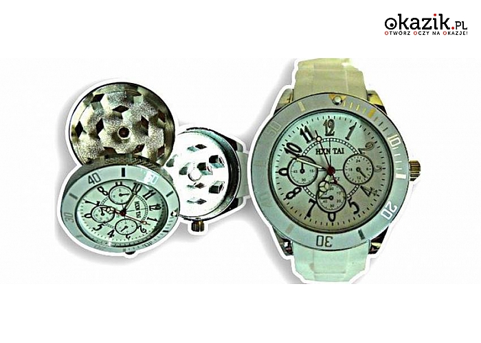 ZEGAREK z ukrytym MŁYNKIEM do suszu roślinnego. Ciekawy gadżet dla każdego palacza! 2 kolory: biały i czarny DO WYBORU. ŚWIETNY POMYSŁ NA PREZENT! (49 zł) 