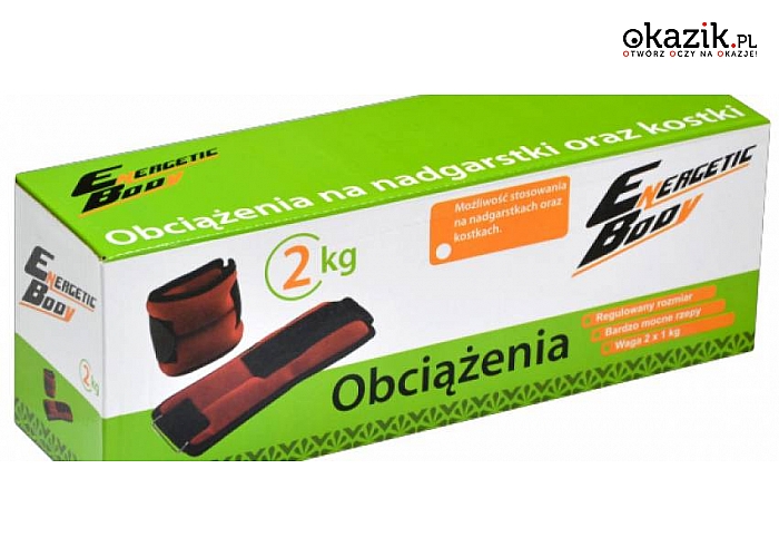 Obciążniki na nadgarstki ENERGETIC BODY! Zapinane na rzep! Do wyboru: 1 kg (2 x 0,5kg) lub 2 kg (2 x 1 kg)! Zastosowanie obciążników pomaga kształtować mięśnie ramion, barków, klatki piersiowej, łydek oraz ud!
