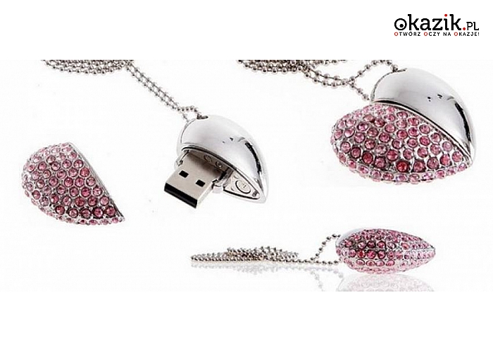 PENDRIVE SERCE 8GB na ŁAŃCUSZKU, OZDOBIONY CYRKONIAMI. Efektowny i funkcjonalny pomysł na prezent np.  na Walentynki. Zapakowany w ozdobne pudełko (49,90 zł)