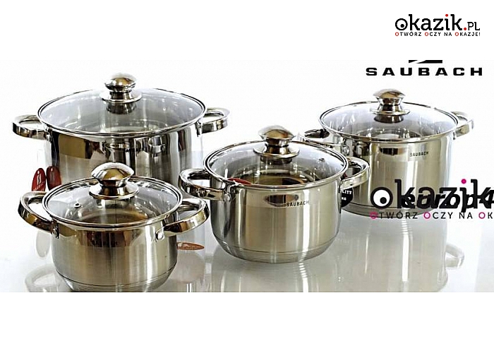  Zestaw 4 garnków indukcyjnych Saubach SB 2292 + pokrywki! Ze stali szlachetnej chromowo- niklowej! Nierdzewne! Praktycznie niezniszczalne! Łatwe w czyszczeniu! Powłoka o działaniu bakteriobójczym! 7-warstwowe indukcyjne dno! ( 128 zł)