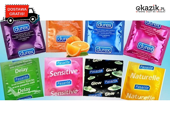Prezerwatywy DUREX i PASANTE! 50 lub 100 sztuk! Różne rodzaje w zestawach: klasyczne, super cienkie, pogrubiane, prążkowane, smakowe, a nawet świecące! Łóżkowa zabawa gwarantowana! Koszt przesyłki w cenie kuponu! Już od 39 zł! 