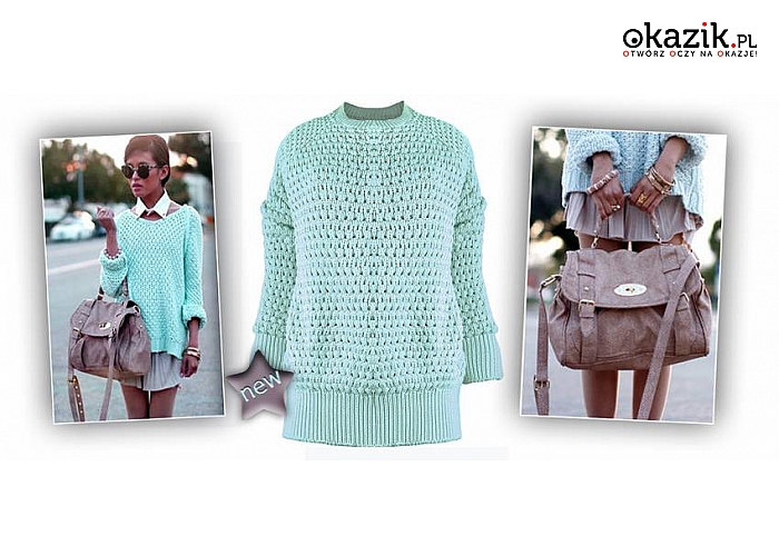 Pastelowy SWETER damski! Kolor miętowy. Gruby, ciepły i miękki – idealny na jesień! (44 zł)
