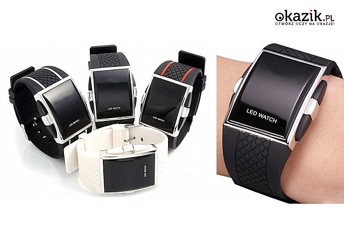 Designerski ZEGAREK LEDOWY z technologią Longlife Led – zapewnia oszczędne zużycie baterii, silikonowy pasek odporny na uszkodzenia. Unisex. 4 modele do wyboru! (22 zł)