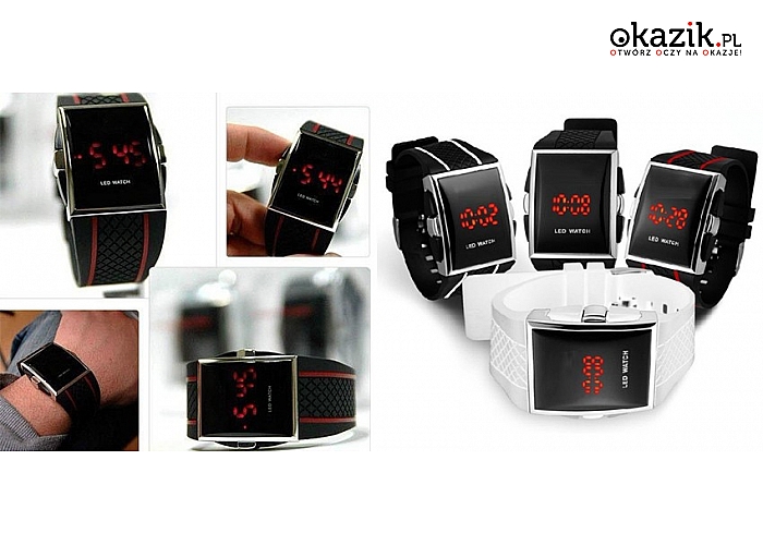 Designerski ZEGAREK LEDOWY z technologią Longlife Led – zapewnia oszczędne zużycie baterii, silikonowy pasek odporny na uszkodzenia. Unisex. 4 modele do wyboru! (22 zł)