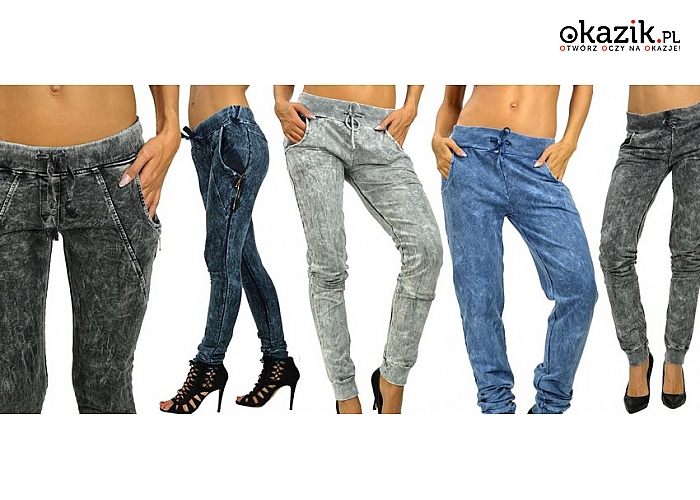 DRESowe RURKI. Marmurkowy wzór imitujący jeans. Po bokach 2 kieszonki + szeroka guma w pasie umożliwiająca regulację obwodu. Praktyczne i wygodne z  grubej bawełny. 2 modele, 2 rozmiary i kilka kolorów.