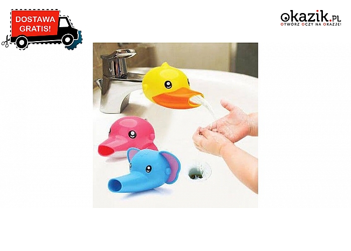 Nakładka na kran z uroczymi zwierzątkami ułatwiająca mycie rąk dzieciom.