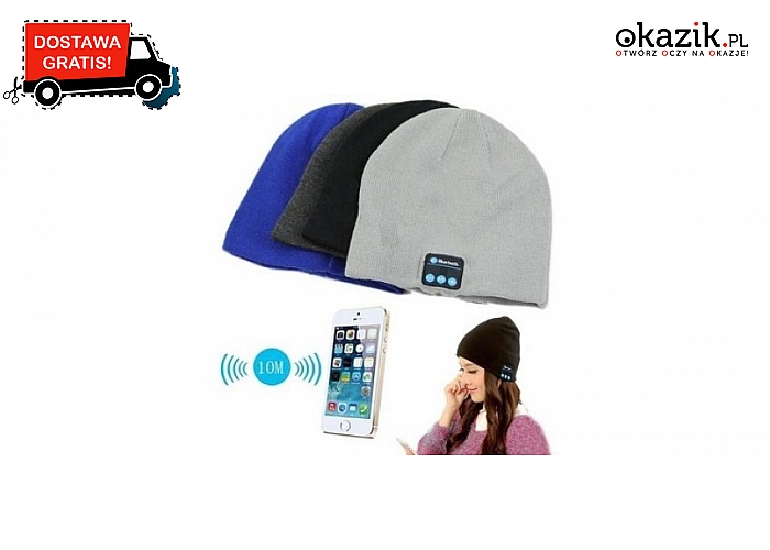 Ciepła czapka z głośnikiem łączącym się z telefonem poprzez bluetooth.