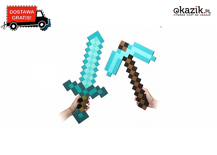 Broń z popularnej gry Minecraft. 8 rodzai do wyboru. Wymiary: miecz 61,2xx30,6x1,5 cm,