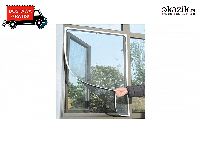 Moskitiera okienna o wymiarach 1,3x1,6 m.