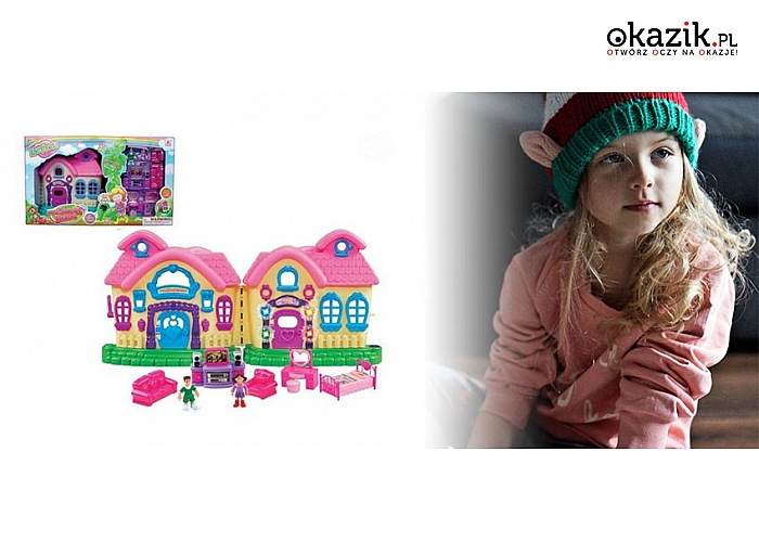Zestaw: kolorowy domek dla lalek + lalki i mebelki (85 zł)