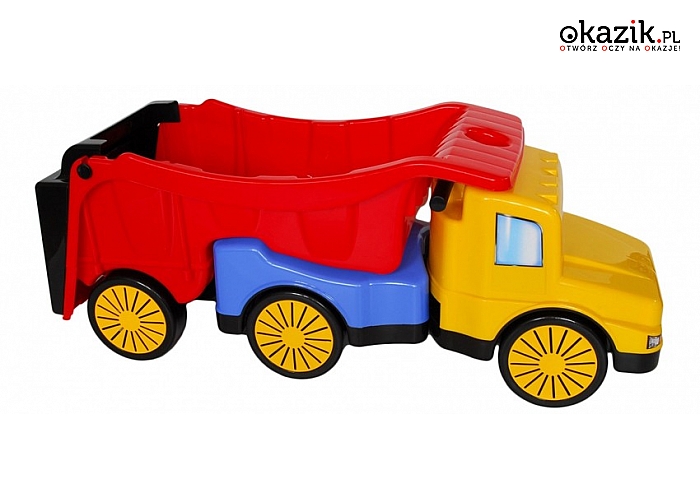 MEGA CIĘŻARÓWKA OGRODOWA - jeździk z naczepą! Wielofunkcyjna zabawka dla młodych fanów motoryzacji.