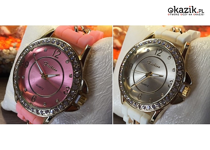 Stylowy, fantazyjnie ozdobiony zegarek z cyrkoniami, różne warianty kolorystyczne (34.99 zł)