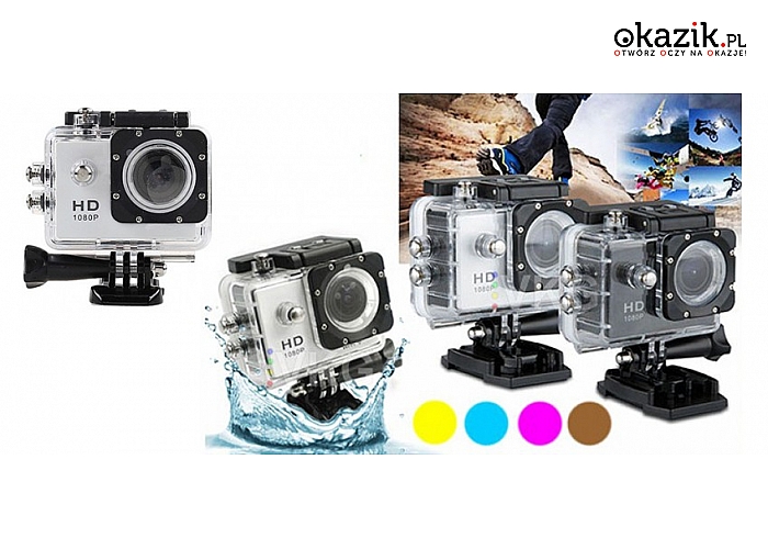 KAMERA SPORTOWA SD4000 z wodoszczelną obudową + zestaw akcesoriów FULL HD. 7 kolorów!