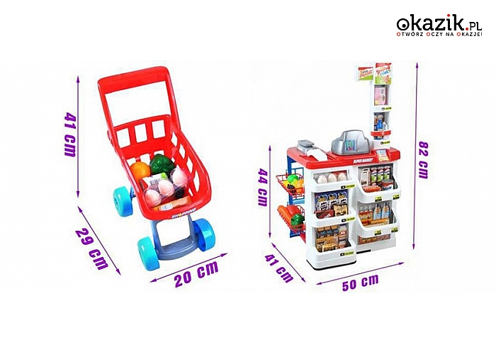 Zestaw do zabawy w supermarket: kasa z akcesoriami i produktami oraz wózek sklepowy (99.20 zł)