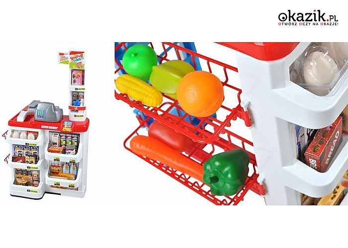 Zestaw do zabawy w supermarket: kasa z akcesoriami i produktami oraz wózek sklepowy (99.20 zł)