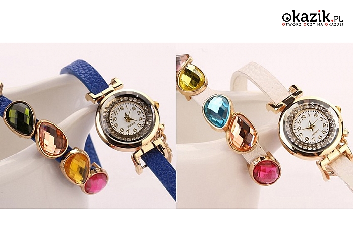 Damski zegarek na ozdobnym pasku z kolorowymi kryształkami, cztery warianty kolorystyczne. (52 zł)