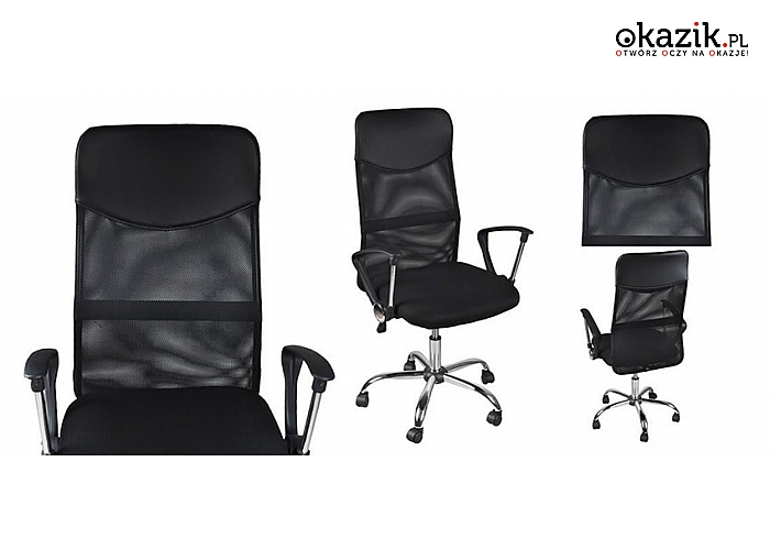 Obrotowy, regulowany fotel biurowy o ergonomicznym profilu, z wysokim oparciem. (179 zł)