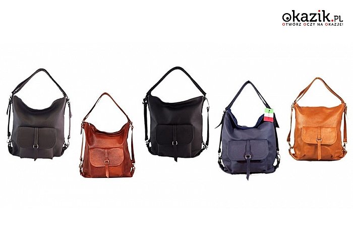 Funkcjonalna skórzana damska torba 3w1 – torebka, listonoszka, plecak. Różne kolory do wyboru. (135.99 zł)