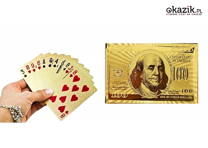 Plastikowe złote karty do gry. Z wizerunkiem dolara. (45 zł)