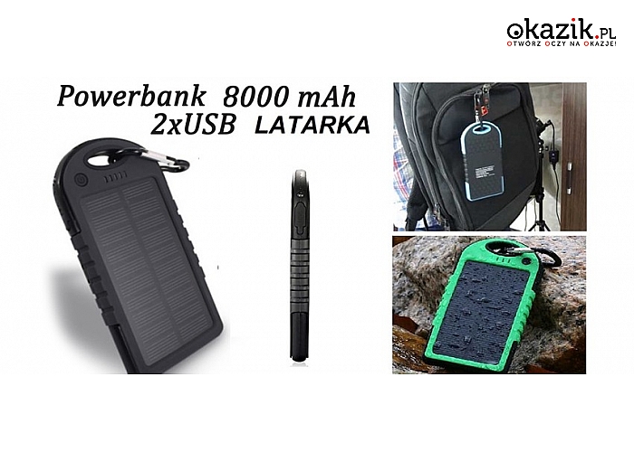 ŁADOWARKA SOLARNA - funkcja baterii zapasowej, mini latarki LED + pojemność 8000mAh.