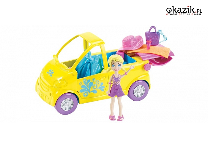 Polly Pocket: atrakcyjny zabawkowy samochód z jacuzzi i otwieranym dachem + lalka i akcesoria. (60 zł)