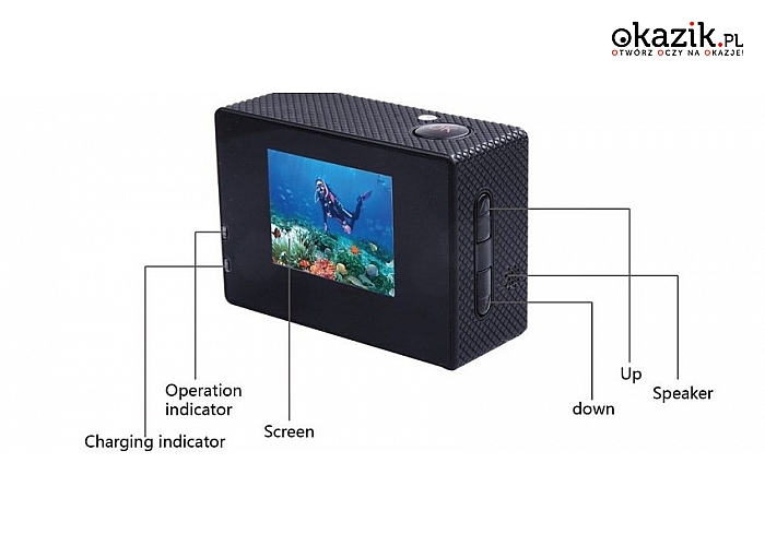 WODOODPORNA KAMERA SPORTOWA Full HD LCD 1,5". Rób zajęcia i filmy w wodzie jak i pod wodą!