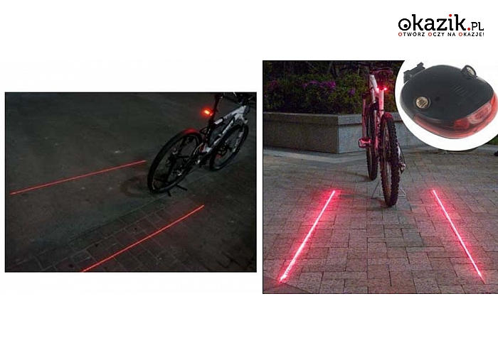 Oświetlenie rowerowe barwy czerwonej: tylne światło LED + 2 lasery. (32 zł)