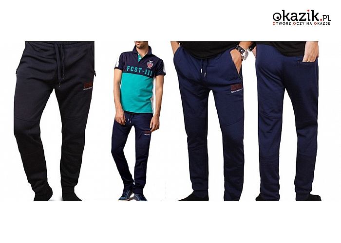 Męskie spodnie dresowe z miłego materiału, dwa warianty kolorystyczne, różne rozmiary. (49.99 zł)