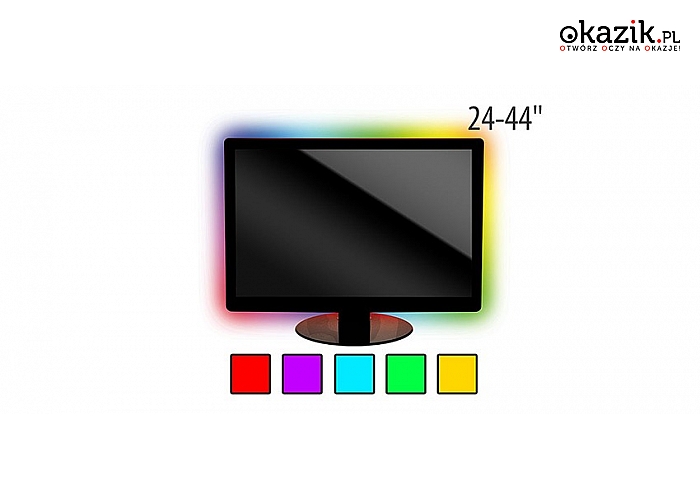Białe lub kolorowe PODŚWIETLENIE LED DO TELEWIZORA z USB (24-44"). Łatwa instalacja za pomocą taśmy klejącej!