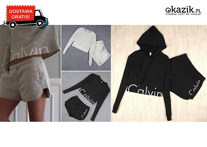 Damski dres Calvin Klein z kapturem lub bez: szorty i bluza. Do wyboru czarny lub szary. Wysyłka GRATIS! (79 zł)