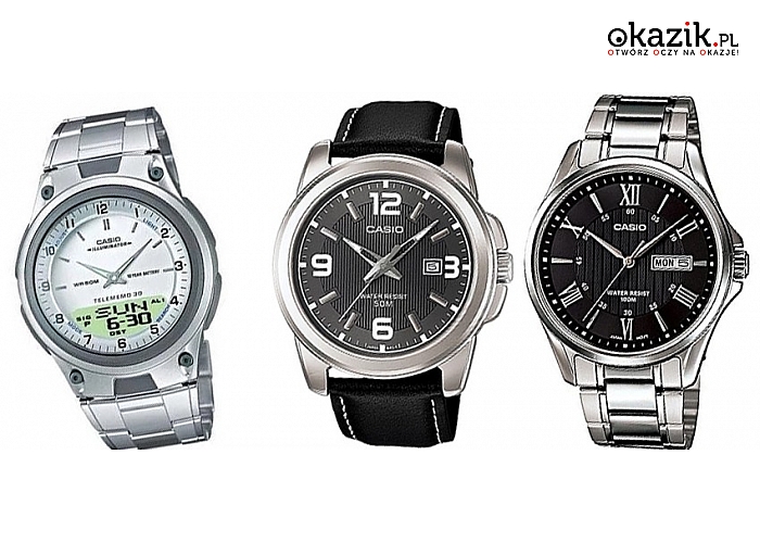 Klasyczne zegarki marki Casio, wiele funkcji, trzy modele. (od 122 zł)