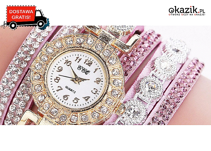 Ekstrawagancki zegarek damski: ozdobiony kryształkami, duży wybór kolorów. Wysyłka GRATIS! (34,90 zł)