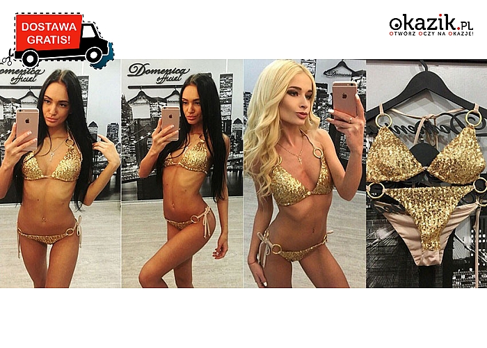 ZŁOTE BIKINI Z CEKINAMI – nie przejdziesz niezauważona! Darmowa przesyłka.