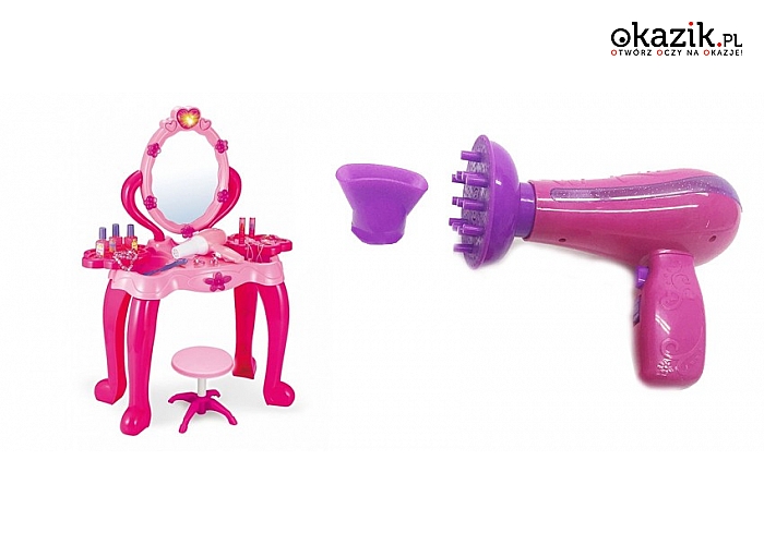 Zabawkowe wyposażenie pokoju młodej damy: toaletka z akcesoriami lub suszarka do włosów na baterie. (od 34 zł)