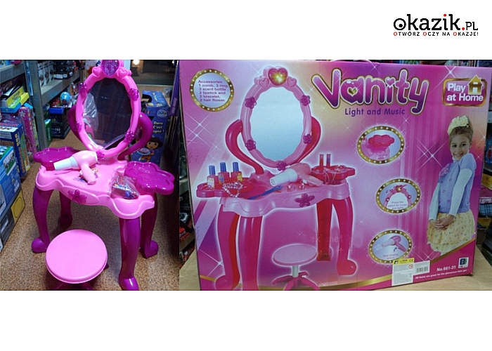 Zabawkowe wyposażenie pokoju młodej damy: toaletka z akcesoriami lub suszarka do włosów na baterie. (od 34 zł)