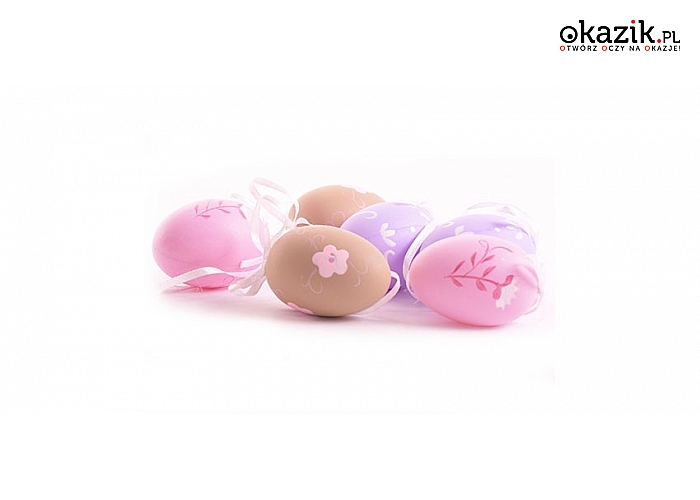 Komplet 6 ozdobnych jajek wielkanocnych w pastelowych kolorach, z wzorami i zawieszkami. (9,90 zł)