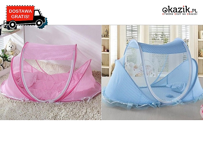 Przenośna, składana moskitiera z materacykiem i poduszeczką dla niemowlaka. Dwa kolory do wyboru (189 zł)