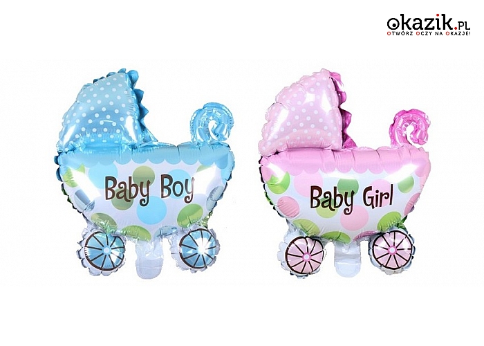 Dekoracyjne balony foliowe w kształcie wózka dla dzieci: kolor różowy lub niebieski. (8 zł)