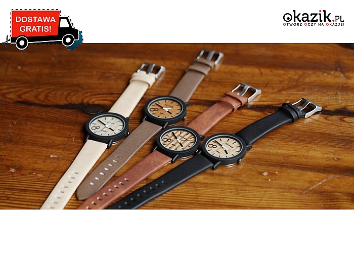 Stylowy męski zegarek z niebanalnym wzorem: drewnianą tarczą. Różne warianty kolorystyczne. Wysyłka GRATIS! (59.99 zł)