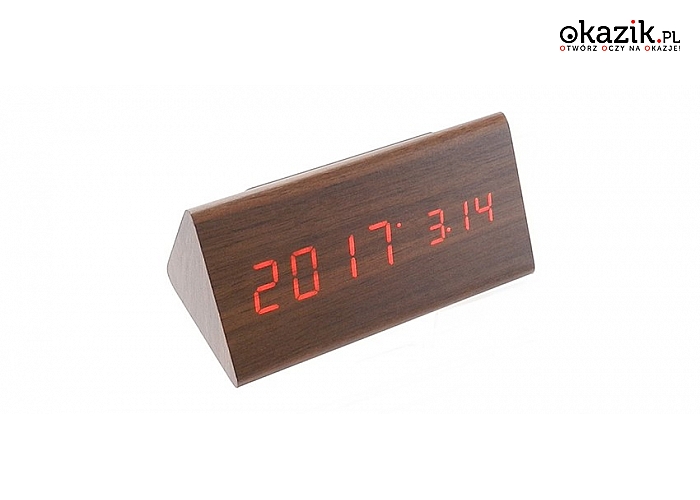 Zegar z datą, temperaturą i budzikiem przypominający drewniany bloczek (59,99 zł)
