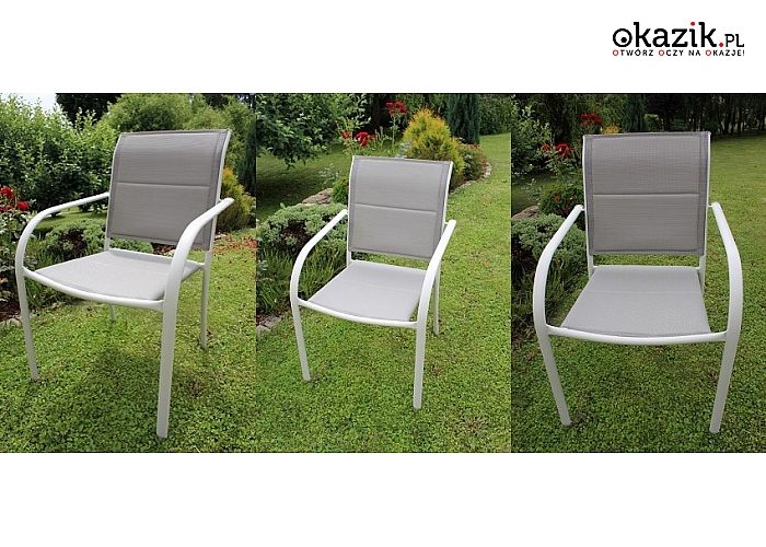 Komplet eleganckich mebli ogrodowych: krzesła / fotele i stół + parasol przeciwsłoneczny. (529 zł)