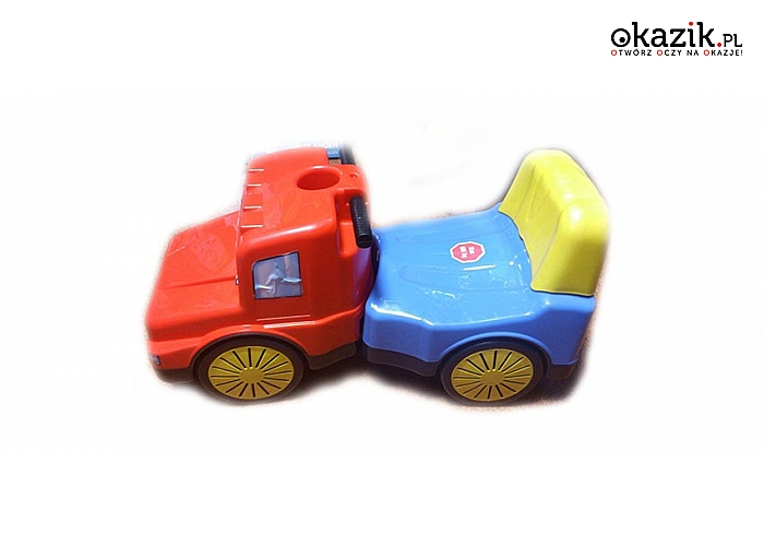 Kolorowa ciężarówka – jeździk, dla dzieci, z wygodnym siodełkiem. (163 zł)