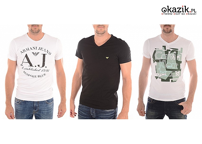 Markowe koszulki męskie: Calvin Klein, Armani lub Guess. Różne kolory i rozmiary. (od 95 zł)