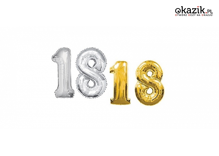 Ozdobne balony srebrne lub złote w kształcie liczby 18 – doskonałe na osiemnaste urodziny, różne wymiary. (22 zł)