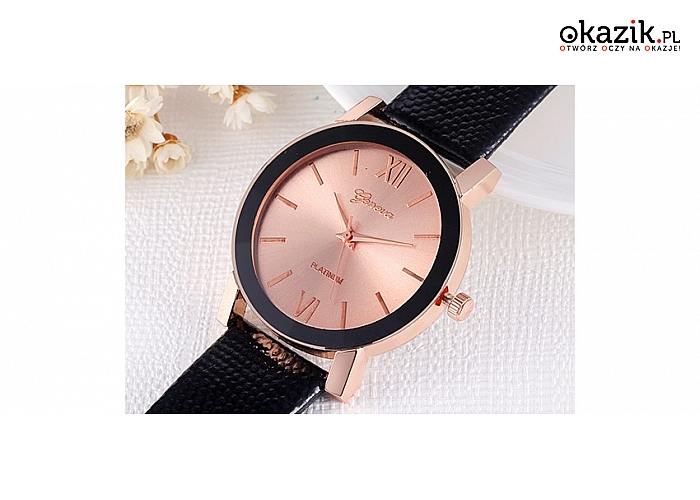 ZEGAREK DAMSKI Geneva Platinum na czarnym pasku i z...