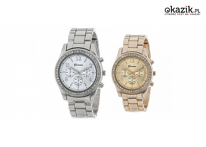 Elegancki zegarek damski Geneva: z elegancką bransoletą i kryształkami, do wyboru: srebrny lub złoty. (40 zł)