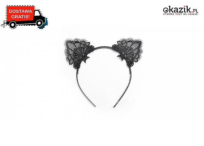 Czarna opaska do włosów z koronkowymi uszami kota: zalotna i efektowna. Wysyłka GRATIS! (12.99 zł)