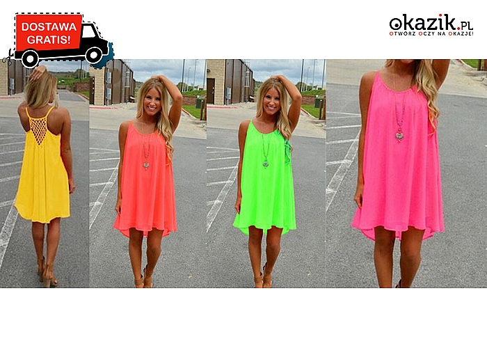 Zwiewne sukienki letnie! Neonowe kolory! W 4 rozmiarach do wyboru (39 zł)